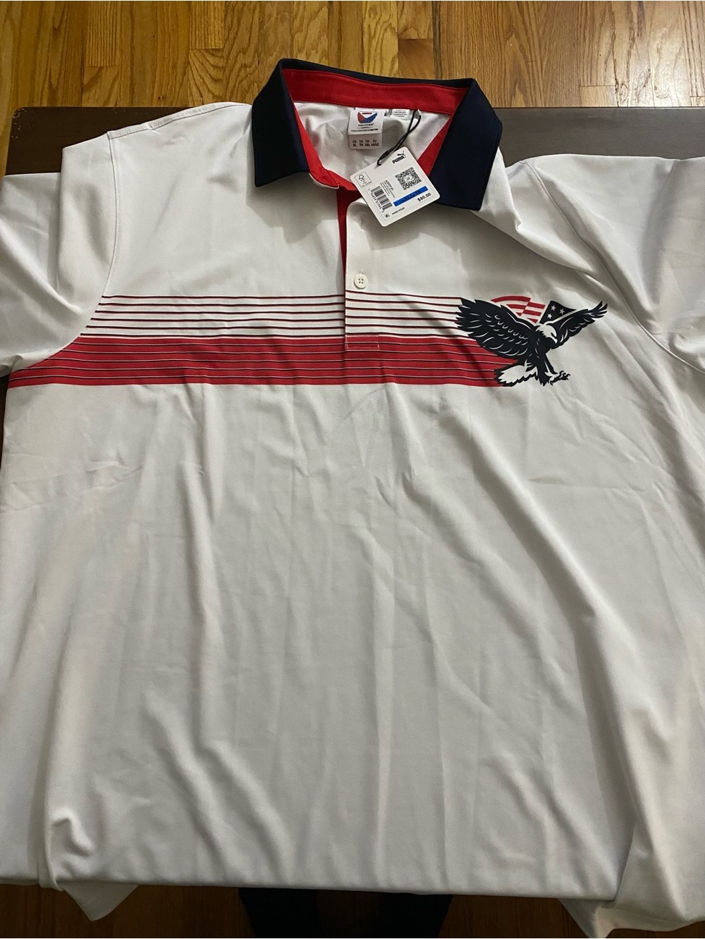 Puma Volition White Polo with Red Stripes and Navy Eagle